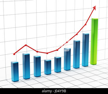 Rising bar graph on grid. 3D illustration. Stock Photo