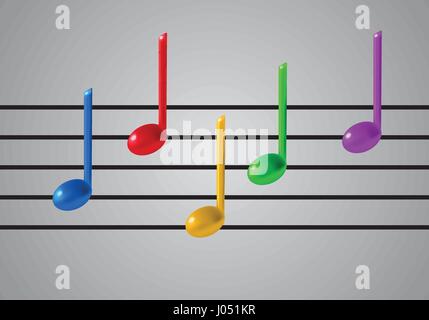 Music Staff and colorful notes on grey background. 3d realistic vector illustration. Gradient mesh. Stock Vector