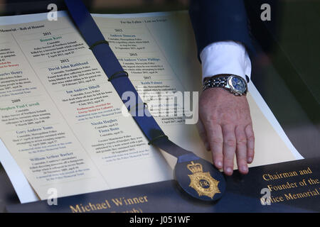 The names of fallen officers Pc Keith Palmer and Pc Gareth Browning are added to the National Police Officers Roll of Honour & Remembrance during a Police Roll of Honour Trust ceremony in London. ASSOCIATION Photo. Picture date: Monday April 10, 2017. Pc Palmer was killed in the Westminster attack in March while Pc Browning died in April, more than three years after being seriously injured when he was hit at high speed by a stolen car while on duty. See PA story POLICE Westminster. Photo credit should read: Rick Findler/PA Wire Stock Photo