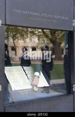 The names of fallen officers Pc Keith Palmer and Pc Gareth Browning are added to the National Police Officers Roll of Honour & Remembrance during a Police Roll of Honour Trust ceremony in London. ASSOCIATION Photo. Picture date: Monday April 10, 2017. Pc Palmer was killed in the Westminster attack in March while Pc Browning died in April, more than three years after being seriously injured when he was hit at high speed by a stolen car while on duty. See PA story POLICE Westminster. Photo credit should read: Rick Findler/PA Wire Stock Photo