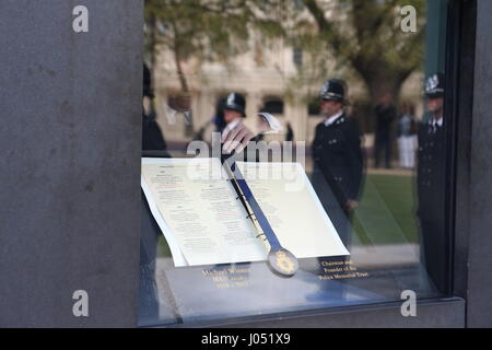 The names of fallen officers Pc Keith Palmer and Pc Gareth Browning are added to the National Police Officers Roll of Honour & Remembrance during a Police Roll of Honour Trust ceremony in London. ASSOCIATION Photo. Picture date: Monday April 10, 2017. Pc Palmer was killed in the Westminster attack in March while Pc Browning died in April, more than three years after being seriously injured when he was hit at high speed by a stolen car while on duty. See PA story POLICE Westminster. Photo credit should read: Rick Findler/PA Wire Stock Photo