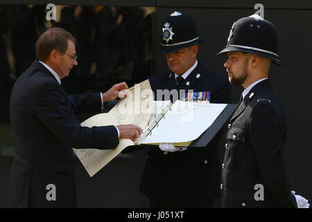 The names of fallen officers Pc Keith Palmer and Pc Gareth Browning are added to the National Police Officers Roll of Honour & Remembrance during a Police Roll of Honour Trust ceremony in London. ASSOCIATION Photo. Picture date: Monday April 10, 2017. Pc Palmer was killed in the Westminster attack in March while Pc Browning died in April, more than three years after being seriously injured when he was hit at high speed by a stolen car while on duty. See PA story POLICE Westminster. Photo credit should read: Rick Findler/PA Wire Stock Photo