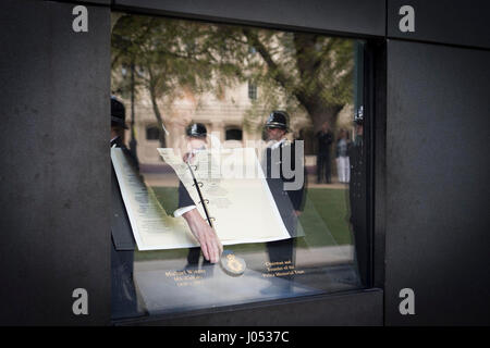 The names of fallen officers Pc Keith Palmer and Pc Gareth Browning are added to the National Police Officers Roll of Honour & Remembrance during a Police Roll of Honour Trust ceremony in London. ASSOCIATION Photo. Picture date: Monday April 10, 2017. Pc Palmer was killed in the Westminster attack in March while Pc Browning died in April, more than three years after being seriously injured when he was hit at high speed by a stolen car while on duty. See PA story POLICE Westminster. Photo credit should read: Rick Findler/PA Wire Stock Photo