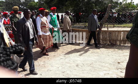 Barotseland, Zambia. 8th Apr, 2017. Lubosi Imwiko II. (2-L), King of the Lozi people walks with the Zambian president Edgar Lungu towards the port of Lealui for the traditional 'Kuomboka' ceremony in Barotseland, Zambia, 8 April 2017. The water procession is a highlight of tbe Lozi culture in Zambia. Thousands arrive for the spectacle annually. Photo: Annedore Smith/dpa/Alamy Live News Stock Photo