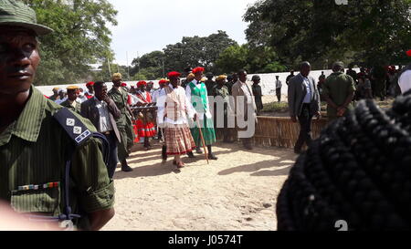 Barotseland, Zambia. 8th Apr, 2017. Lubosi Imwiko II. (2-L), King of the Lozi people walks with the Zambian president Edgar Lungu towards the port of Lealui for the traditional 'Kuomboka' ceremony in Barotseland, Zambia, 8 April 2017. The water procession is a highlight of tbe Lozi culture in Zambia. Thousands arrive for the spectacle annually. Photo: Annedore Smith/dpa/Alamy Live News Stock Photo