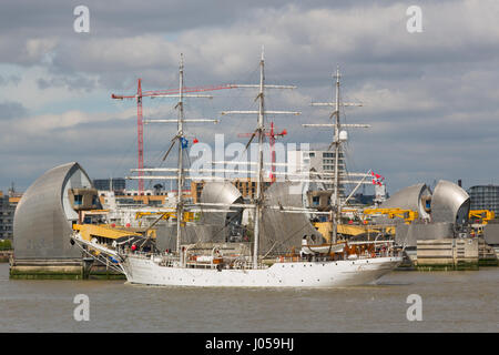 Greenwich, London, UK. 10th Apr, 2017. The tall ship Christian Radich, built in 1937, pictured on her way up the Thames today to take part in next weekend's Tall Ships Regatta at Greenwich in South East London. Credit: Rob Powell/Alamy Live News Stock Photo