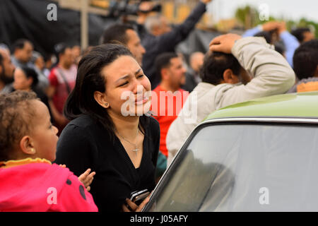 Borg El-Arab, Alexandria, Egypt. 10th Apr, 2017. An Egyptian Christian woman mourns for the victims of the blast at the Coptic Christian Saint Mark's church in Alexandria the previous day during a funeral procession at the Monastery of Marmina in the city of Borg El-Arab, east of Alexandria on April 10, 2017. Egypt prepared to impose a state of emergency after jihadist bombings killed dozens at two churches in the deadliest attacks in recent memory on the country's Coptic Christian minority Credit: Amr Sayed/APA Images/ZUMA Wire/Alamy Live News Stock Photo