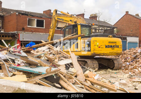 New Ferry, Wirral, UK. 10th April, 2017. The scene of the recent massive gas explosion has now been handed over from Merseyside Police to WIrral Borough Council.  The cleanup operation commences and, for the first time, residents and business owners are being allowed into the area to retrieve belongings, of which a great many clothes and personal effects are strewn across the scene.  The damage is so great, that a lot of the buildings will need to be demolished and rebuilt. © Paul Warburton Stock Photo