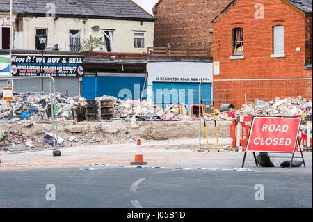 New Ferry, Wirral, UK. 10th April, 2017. The scene of the recent massive gas explosion has now been handed over from Merseyside Police to WIrral Borough Council.  The cleanup operation commences and, for the first time, residents and business owners are being allowed into the area to retrieve belongings, of which a great many clothes and personal effects are strewn across the scene.  The damage is so great, that a lot of the buildings will need to be demolished and rebuilt. © Paul Warburton Stock Photo