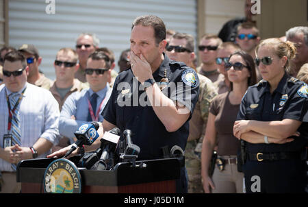 April 10, 2017 - Delray Beach, Florida, U.S. - Delray Beach Police Chief Jeffrey Goldman holds a press conference to remember Officer Christine Braswell, 40, a S.W.A.T. team sniper and training officer for the police department's new hires. Braswell was killed in a scooter crash early Saturday. Fellow officer Bernenda Marc, 25, was also injured in the crash and is recovering from critical injuries. The two officers were off duty and on vacation in Key West. (Credit Image: © Allen Eyestone/The Palm Beach Post via ZUMA Wire) Stock Photo