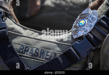 April 10, 2017 - Delray Beach, Florida, U.S. - The vest worn by Officer Christine Braswell, 40, who was a S.W.A.T. team sniper and training officer for the Delray Beach Police Department's new hires. Braswell was killed in a scooter crash early Saturday in Key West. (Credit Image: © Allen Eyestone/The Palm Beach Post via ZUMA Wire) Stock Photo
