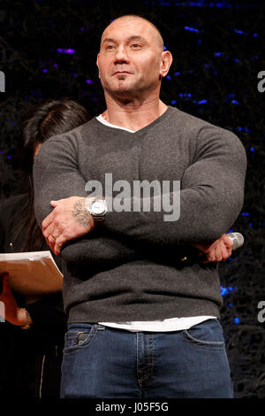 Tokyo, Japan. 11th April, 2017. Actor Dave Bautista attends a press conference for their film Guardians of the Galaxy Vol. 2 on April 11, 2017, Tokyo, Japan. The cast members attended a press conference the day after kicking off the Galaxy Carpet Event's world tour in Tokyo. The film will be released on May 12 in Japan. Credit: Rodrigo Reyes Marin/AFLO/Alamy Live News Stock Photo