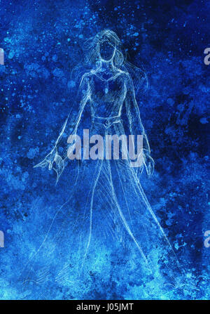 Sketch of mystical woman in beautiful dress inspired by middle age design. Color effect. Stock Photo