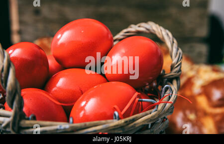 Easter red dyed eggs in a basket Stock Photo