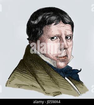 Jean-Auguste-Dominique Ingres (1780-1867). French Neoclassical painter. Portrait. Engraving, Nuestro Siglo, 1883. Spanish edition. Color. Stock Photo