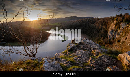 View over Winter's Leap,River Wye at sunset in Gloucestershire with cliffs Stock Photo