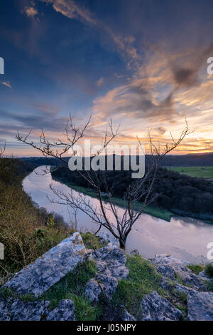 View over Winter's Leap,River Wye at sunset in Gloucestershire with cliffs Stock Photo