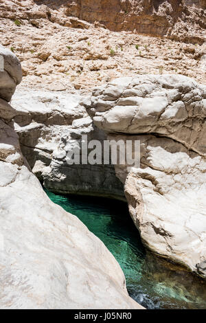 Clear blue-green river water flowing through the arid Wadi Bani Khalid canyon in Oman, one of the country’s most visited scenic spots Stock Photo