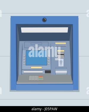 Blue ATM bank cash machine on wall. Flat vector illustration Stock Vector