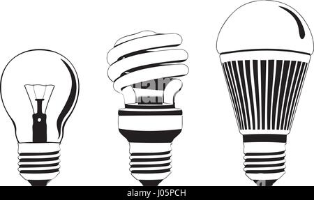 Light bulbs set. Progress of three generation light bulb. Isolated vector illustration Stock Vector