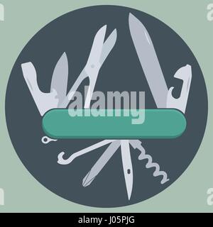 Multifunction, multipurposa, pocket, swiss, army knife. Flat vector illustration Stock Vector