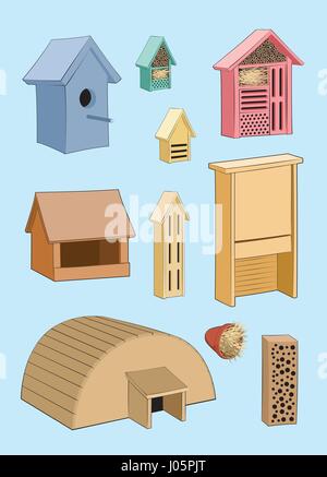 House in garden for birds, hedgehog and insect set. Natural pest control. Vector illustration Stock Vector