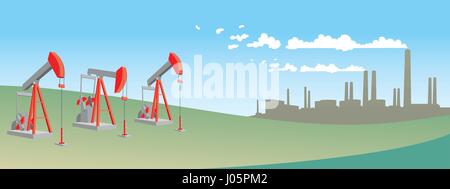 Oil pump on field with refinery. Petroleum industry equipment. Vector illustration Stock Vector