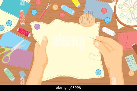 Sewing workshop. Needlework class for kids top view background. Education and enjoyment concept. Flat vector illustration Stock Vector