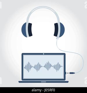 Laptop with headphone unplugged. Sound wave symbol showing on monitor. Flat design. Stock Vector