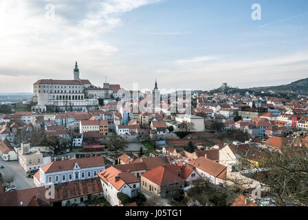 panorama of historical Mikulov city with chateau and ruins of Kozi hradek castle from Olivetska hora hill in southernmost part of Pavlovske vrchy moun Stock Photo