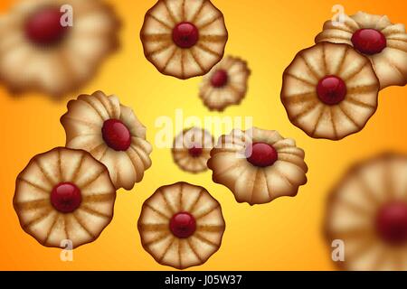 Buttery cookies with red jam orange and yellow background. Defocused cookies elements. Stock Vector