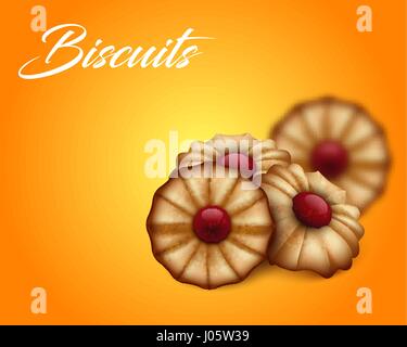 Buttery cookies with red jam on bright orange and yellow background Stock Vector
