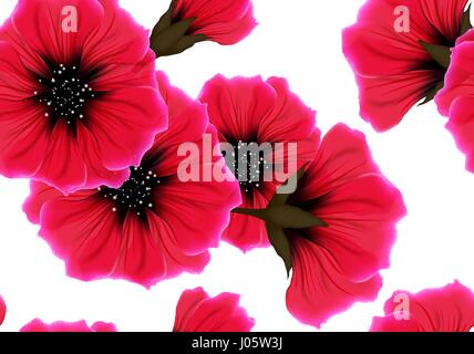 Floral seamless pattern with red flower and pink petal on white. Bright vivid color repeating passion background. Wrapping paper or cloth design. Stock Vector