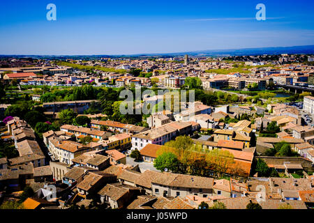 View over the town of Carcassonne, France from the Chateau Comtal in the medieval Cité. Stock Photo