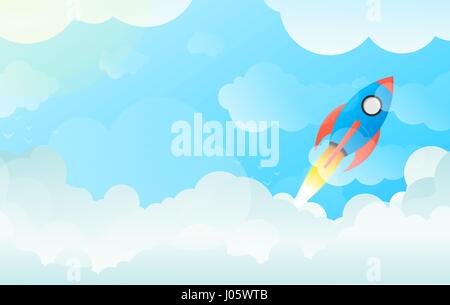 Technology, Project Startup and Innovation - Flying Space Rocket Launching in Sky Over Clouds - Illustration of Progress, Achievement in Flat Vector Stock Vector