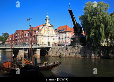 OLd wooden Crane at river Ilmenau, Lüneburg, Lueneburg, Lower Saxony, Germany Stock Photo
