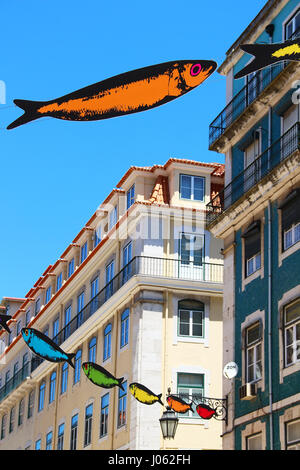 LISBON, PORTUGAL- JUNE 12, 2013: Central street of Lisbon decorated with sardines during Popular Saints Festival (Festas dos Santos Populare) Stock Photo