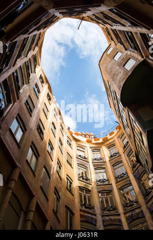Looking up from an inner courtyard inside Casa Mila (La Pedrera) in Barcelona, Spain Europe EU