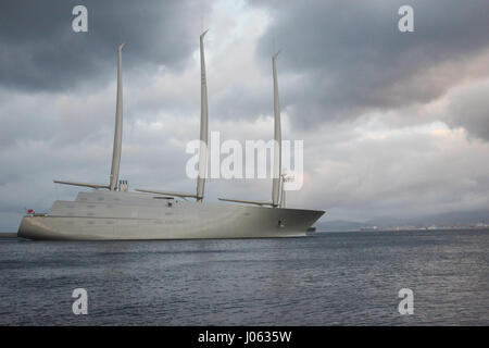 GIBRALTAR: WORLD’S BIGGEST yacht with masts that stand taller than London-icon Big Ben arrived into Gibraltar this morning. The mammoth 468-foot-long superyacht costs £360 million and belongs to Russian billionaire Andrey Igorevich Melnichenko. The ship, which has been lovingly named ‘Super Yacht A’ by its owner, is undergoing comprehensive testing on the island before it is delivered to Mr Melnichenko in Spring-time. Super Yacht A will need a crew of fifty-four to operate and accommodates approximately 20 guests. Nathalie Shannon / mediadrumworld.com Stock Photo