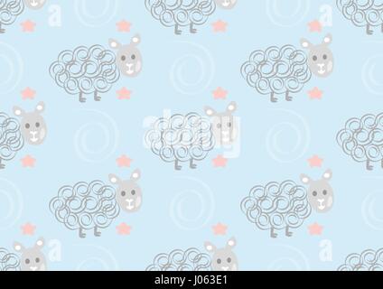 Cute sheep seamless pattern on pink polka dots background. Vector baby sheep illustration for kids holidays. Stock Vector