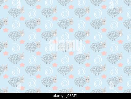 Cute sheep seamless pattern on pink polka dots background. Vector baby sheep illustration for kids holidays. Stock Vector