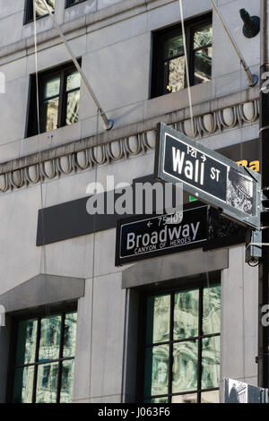 Street sign at the intersection of Broadway and Wall Street Stock Photo
