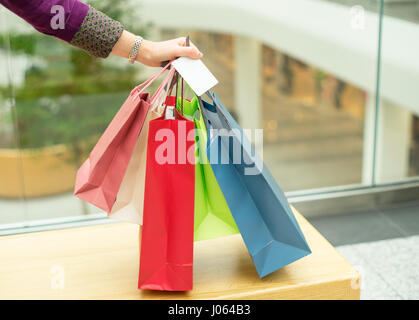 Crop hand holding shopping bags and plastic card Stock Photo