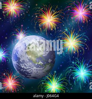 Earth in space with fireworks Stock Vector