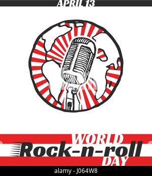 World Rock-n-roll Day, April 13. Vector illustration with globe and retro microphone. Hand drawn sketchy illustration Stock Vector