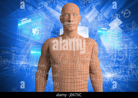 Maths on black background against composite image of technology interface Stock Photo