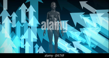 Full length of black 3d woman against shiny arrows on black background Stock Photo