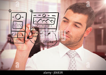 Concentrated businessman writing with marker against digitally generated image of workplace Stock Photo
