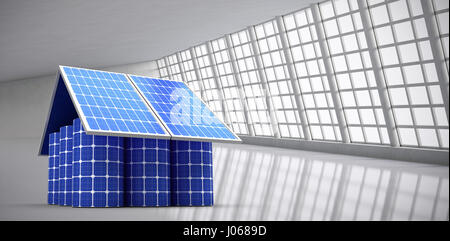 3d image of model home made from solar panels and cells against abstract room Stock Photo
