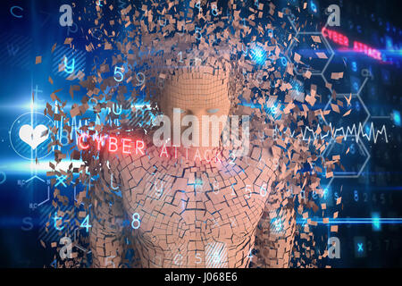 Close-up of brown pixelated 3d man against blue technology design with circle Stock Photo